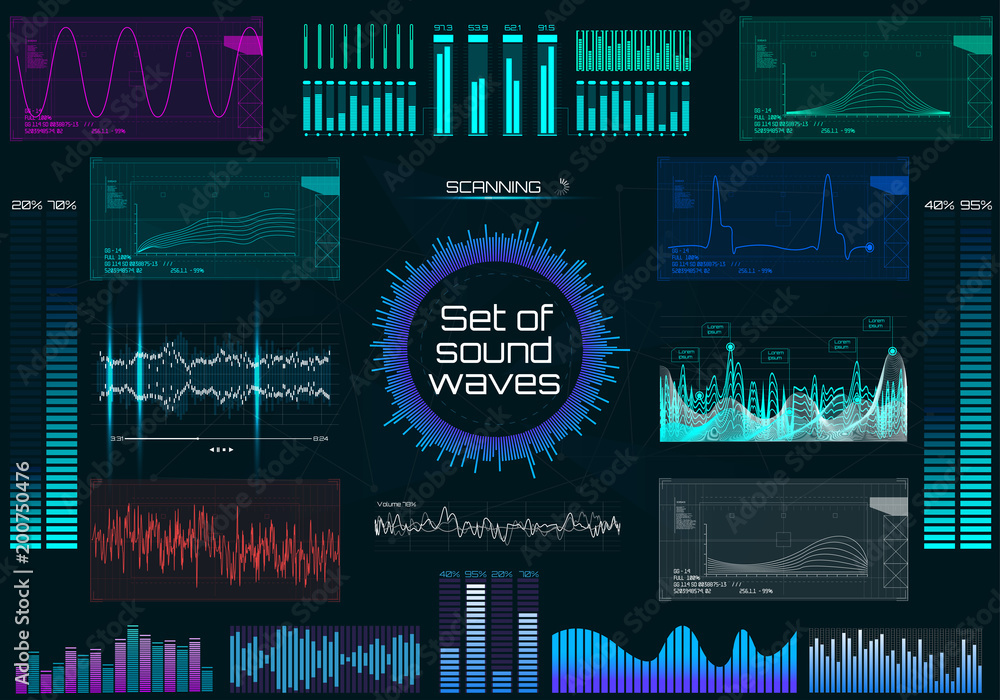 Poster Set of sound waves, futuristic style. Audio Player.  Music colorful elements for your design. Audio equalizer technology, pulse musical in HUD UI style. Vector illustration. Set elements.