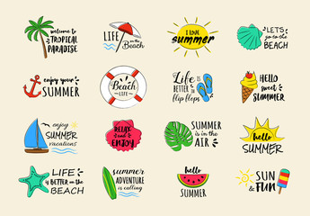 Fototapeta na wymiar Funny summer icons - colourful set. Vector.