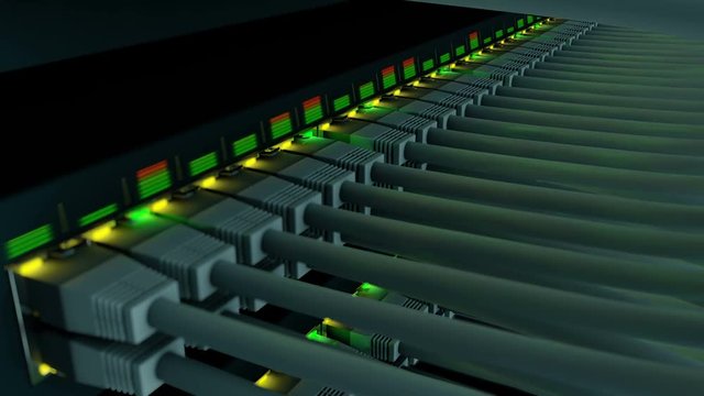 Network switch with 48 ports in a server rack. UTP patch cords plug in the ports of a network equipment. Through a switch is transferred of a large amount of data, seamless loop close-up