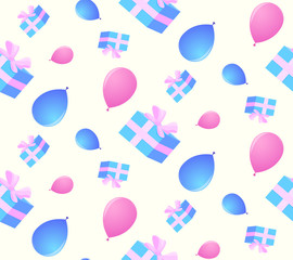 Pattern of holiday boxes with a gift and balloons on a gentle yellow background