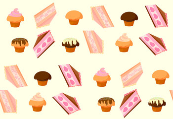 Pattern of cakes and cakes with fillings and a gentle yellow background