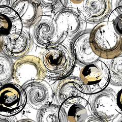 seamless background pattern, with circles, strokes and splashes, black and white, grungy