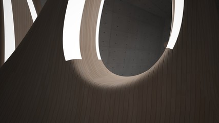 Empty dark abstract concrete and wood room smooth interior. Architectural background. Night view of the illuminated. 3D illustration and rendering