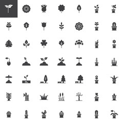 Plants and flowers vector icons set, modern solid symbol collection, filled style pictogram pack. Signs, logo illustration. Set includes icons as Leaves, Rose, Clover, rowan, oak, tulip, acacia, peony