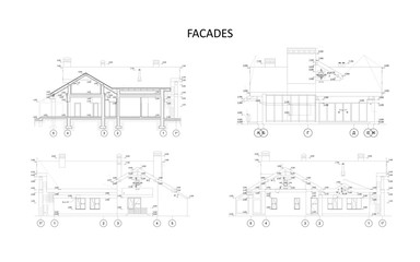 Set of detailed private house facade elements with measurements, architecture, vector 