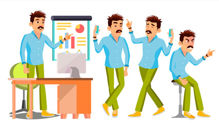 Business Man Character Vector. Working Male. Environment Process. Start Up. Casual Clothes. Worker. Full Length. Programmer, Manager. Expressions. Flat Business Character Illustration