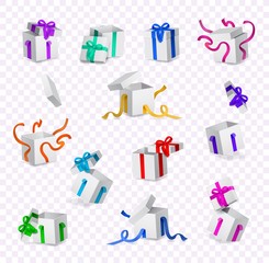 Vector cartoon open present gift box white wrapping elegant colorful ribbon bow set. Birthday anniversary party new year christmas valentine holiday invatation greeting card transparent background