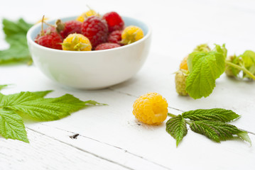 red and rare yellow raspberry fruits on white wooden table background