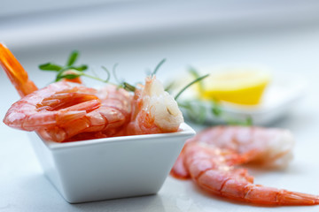 row tiger shrimp with lemon on white