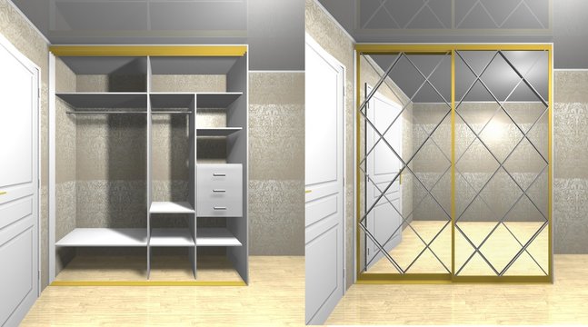 wardrobe with sliding doors 3D rendering of the design, inner filling