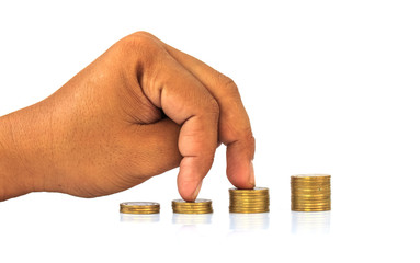 Man hand with coin for banking saving investment economy finance concept.