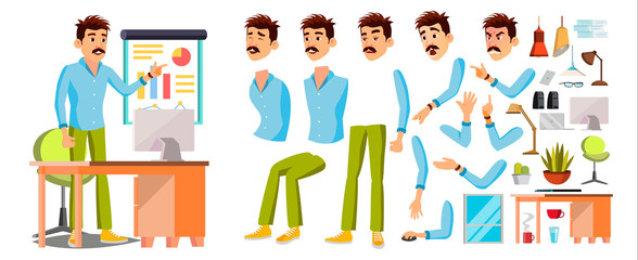 Business Man Worker Character Vector. Working Male. Office Worker. Animation Set. Clerk, Salesman, Designer. Face Emotions, Expressions. Cartoon Illustration