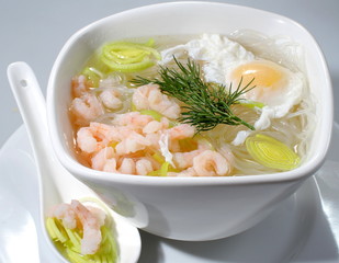 European cuisine appetizing soup with shrimps