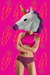 Frontview of slim model wearing paper colorful unicorn's head and fancy underwear. Standing on...