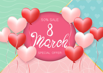 Women's Day and 8 March design for greeting card. Banners or web. 3D paper and baloons style. Heart hanging on a thread, inscription: Happy womens Day, pink background. Vector illustration. EPS 10.