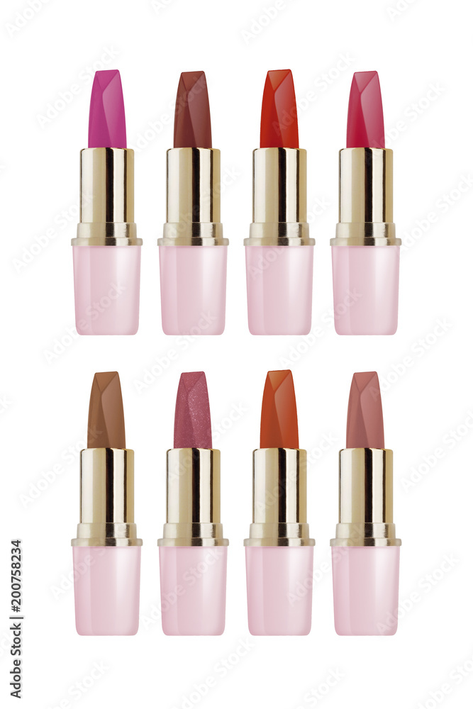 Wall mural Elegant lipstick in pink and golden container, isolated on white background, clipping paths included