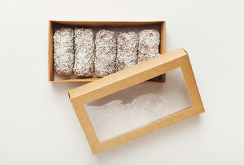 Vegan candies in box isolated on white