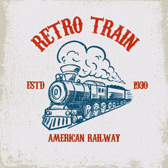 Retro train. Vintage locomotive illustration on grunge background. Design element for poster, emblem, sign, t shirt. © liubov