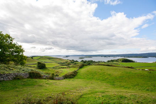 gr&uuml;ne Weidefelder und Wiesen mit Blick auf den Lough Corrib in Irland