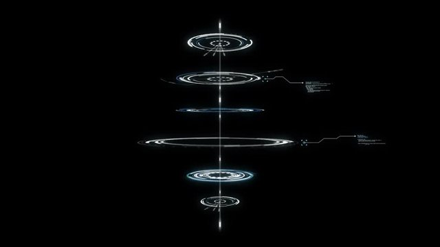 3D lighting circle HUD over black background for cyber technology and fufuristic concept with grain processed