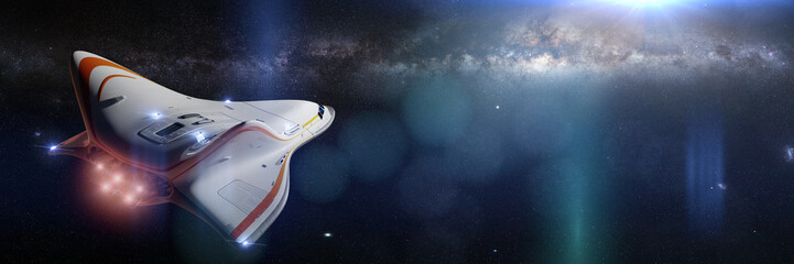 futuristic spaceship in flying towards the Milky Way galaxy (3d science fiction illustration banner) © dottedyeti