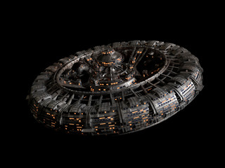 futuristic space station isolated on black background, high detail spaceship disc (3d science fiction rendering) © dottedyeti