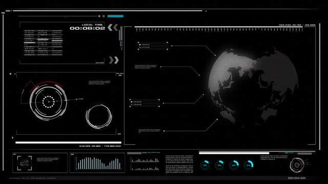 4K UI User Interface with HUD pi bar text box table black background for cyber technology and futuristic concept with grain processed