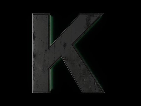 Futuristic letter K - volumetric rusty metal letter with green light outline glowing in the dark 3D animation