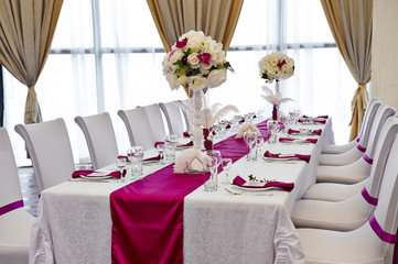 Table set for wedding or another catered event dinner.
