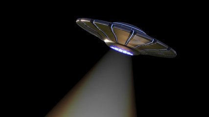 UFO, alien spaceship with light beam, flying saucer isolated on empty black background (3d render) © dottedyeti