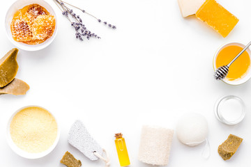Aromatic theraphy and delicate skin care. Spa set based on honey on white background top view copy space