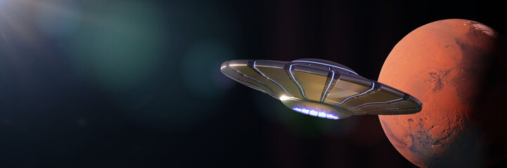 UFO in orbit of the red planet Mars (3d space illustration banner with black background) © dottedyeti