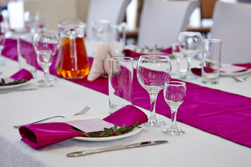 Table set for wedding or another catered event dinner.