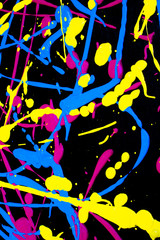 Paint Splats and Spots Neon Colours on Black Background Abstract Fun for Background