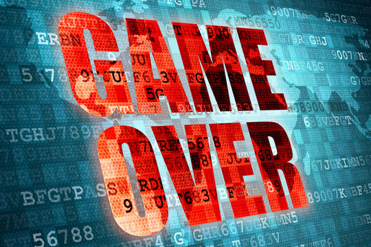 Illustration Of Pixel Red Game Over Screen On Blue Digital World Map Background