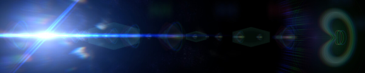 intense blue lens flare with hexagonal bokeh effects, overlay texture in front of a black background