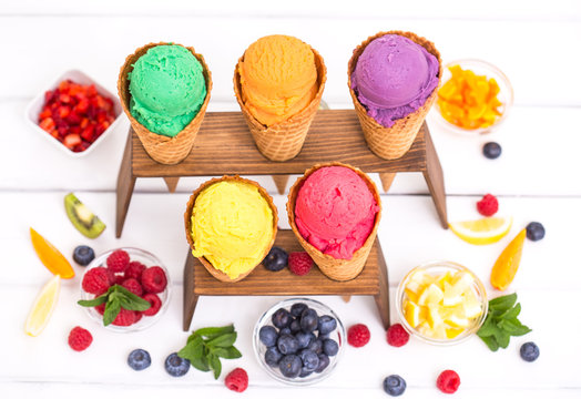 Various homemade fruit ice cream in the cone