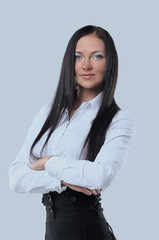 businesswoman in a blouse and skirt on a white background