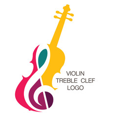 Naklejka premium Musical logo. Silhouette of a violin and a treble clef. Bright juicy colors. The concept of classical music.