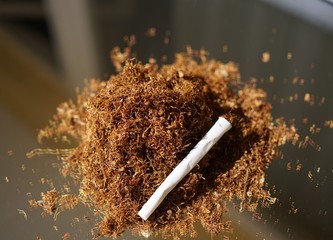 Heap of herbal smoking blend and rolled joint