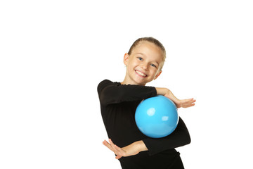 Young girl gymnast with ball on white background