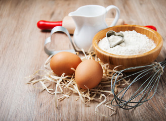 Baking ingredients - flour, eggs and pin