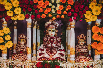 monastery altar with deities of Padmasambhava,Buddha statues in India