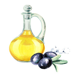 Glass bottle with olive oil. Watercolor hand drawn illustration, isolated on white background