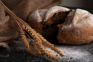 Freshly baked homemade rye flour bread. Kitchen or bakery poster design