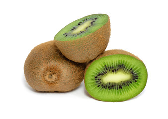 One whole and two halves of kiwi isolated on white background. A bunch of three kiwis