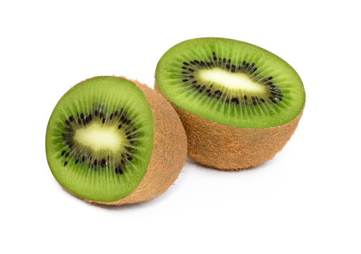 Ripe kiwi isolated on white background. Two cut halves of fruit.