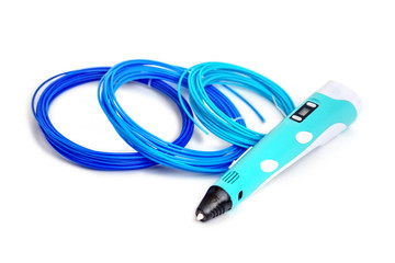 Blue 3d pen and a set of plastic on a white background