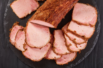 close-up of sliced ham, top view