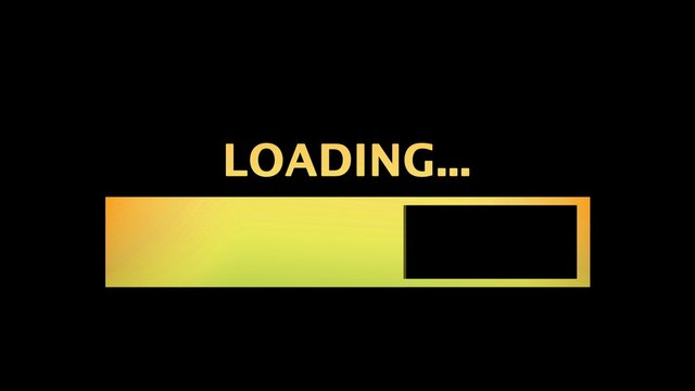 A clean yellow and orange loading text with a progress bar. Black background. Retro vintage style.
